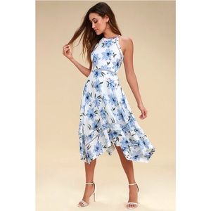 Lulu’s | Zahara Blue and White Floral Print Midi Dress